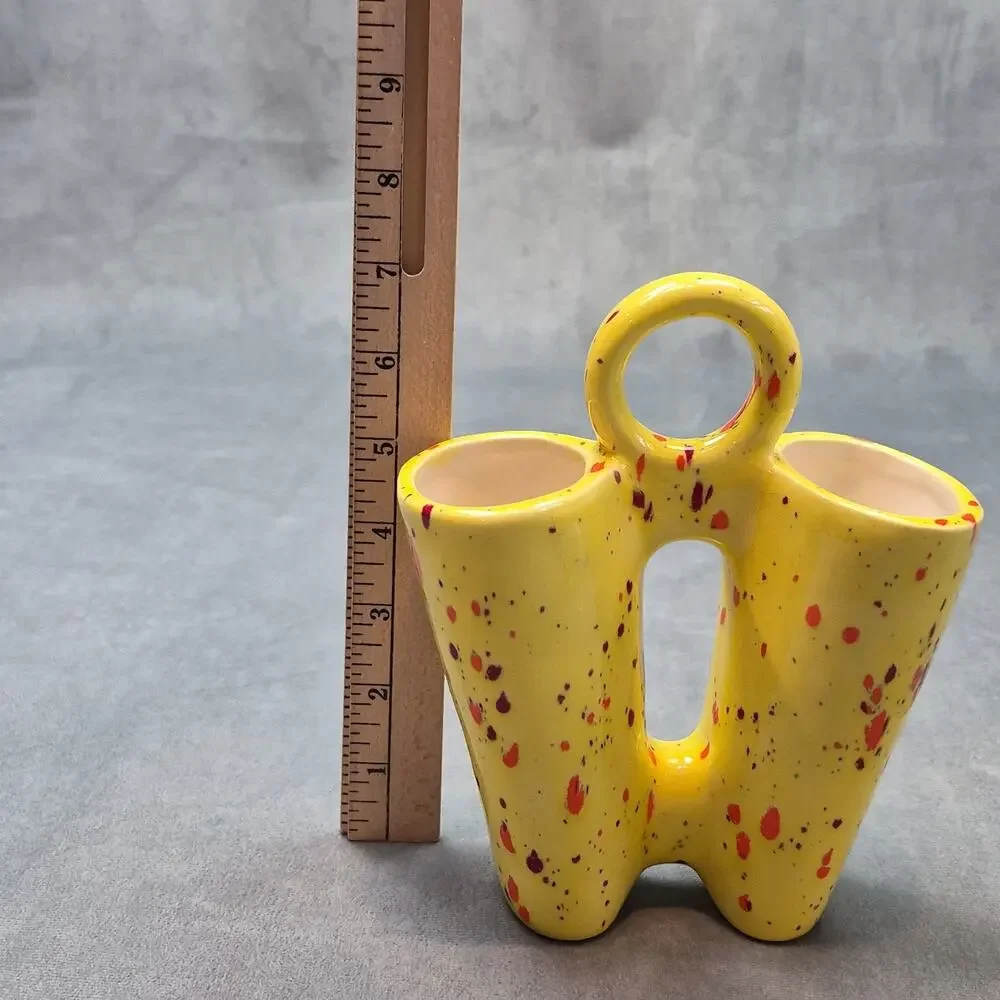 Vintage 1980s Ceramic Double Bud Vase Splatter Speckled Yellow Orange Drip Vase